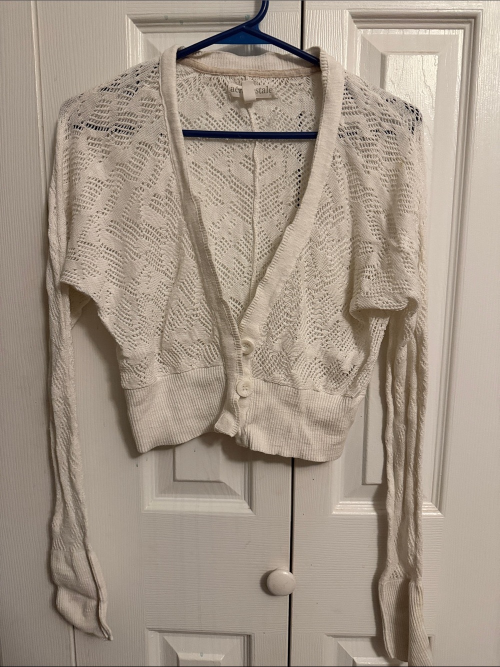 Aeropostale Cream Open-Knit Cropped Button Cardigan
